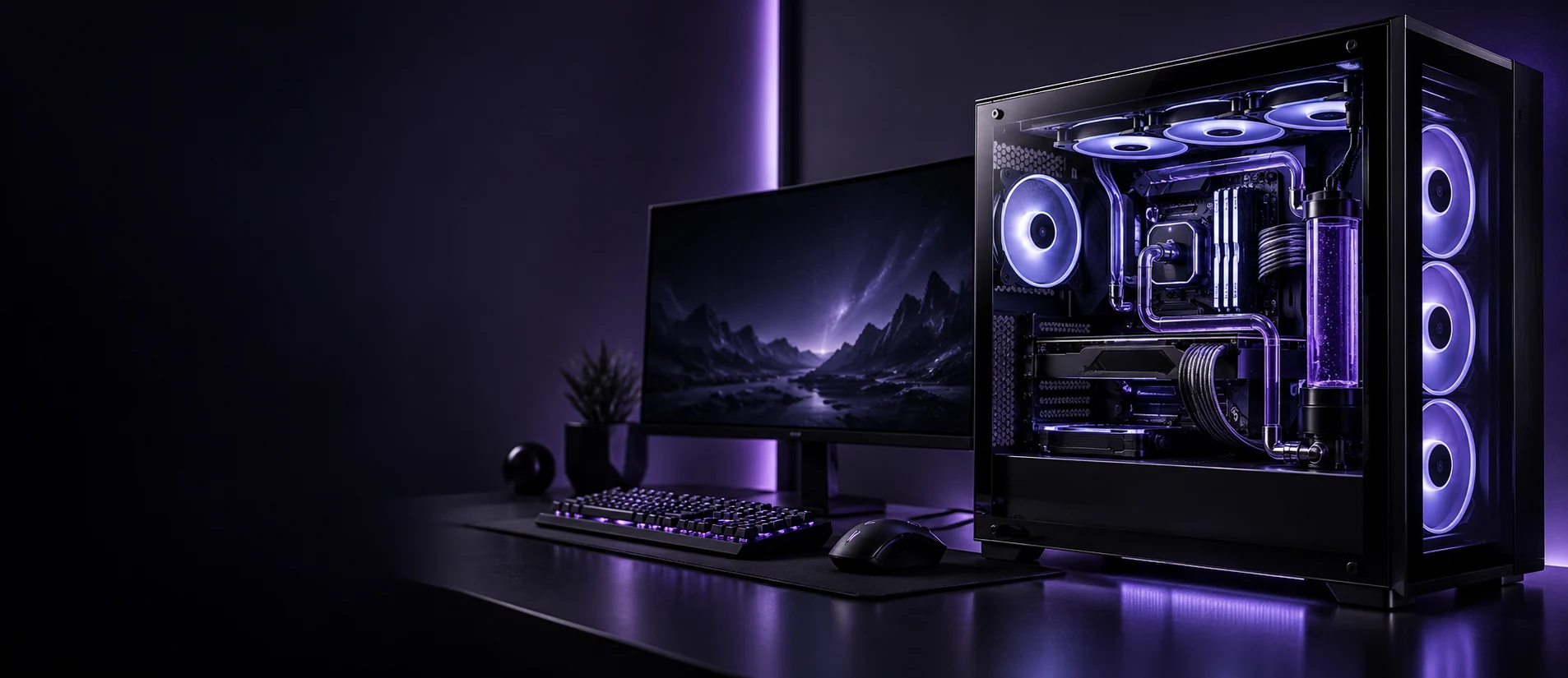 Cam panelli, mor aydınlatmalı gaming bilgisayar